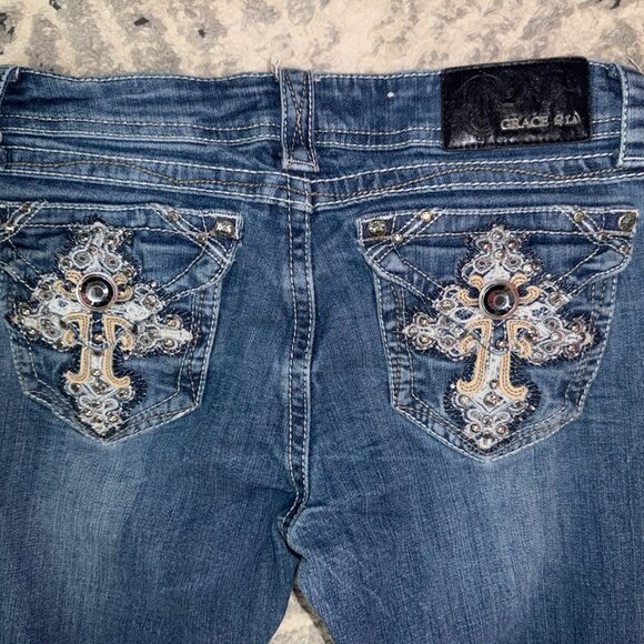 GRACE Size 28 Dark Blue Bootcut Jeans Low Rise Embellished Pockets Medium Blue - Picture 4 of 13